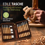 Holzheld® Premium Schnitzwerkzeugset (17-teilig) - mit edler Aufbewahrungstasche aus Leder, vorgefrästem Lindenholzrohling und umfassender Schnitzanleitung