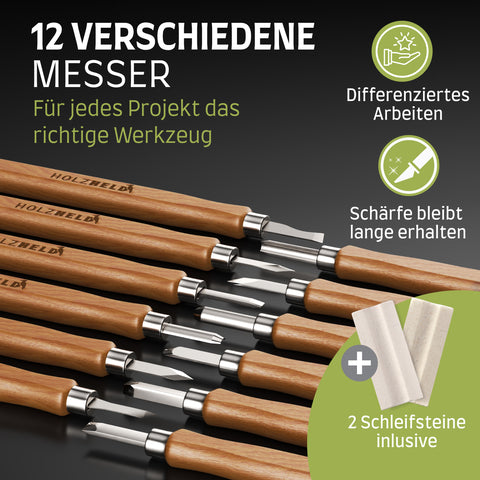 Holzheld® Premium Schnitzwerkzeugset (17-teilig) - mit edler Aufbewahrungstasche aus Leder, vorgefrästem Lindenholzrohling und umfassender Schnitzanleitung