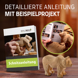 Holzheld® Premium Schnitzwerkzeugset (17-teilig) - mit edler Aufbewahrungstasche aus Leder, vorgefrästem Lindenholzrohling und umfassender Schnitzanleitung