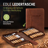 Holzheld® Premium Schnitzwerkzeugset (17-teilig) - mit edler Aufbewahrungstasche aus Leder, vorgefrästem Lindenholzrohling und umfassender Schnitzanleitung
