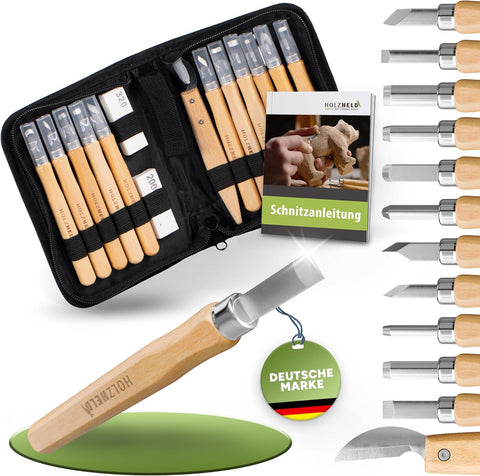 Holzheld® Schnitzwerkzeugset (16-teilig) - mit praktischer Aufbewahrungstasche und umfassender Schnitzanleitung