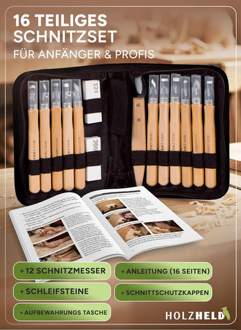Holzheld® Schnitzwerkzeugset (16-teilig) - mit praktischer Aufbewahrungstasche und umfassender Schnitzanleitung