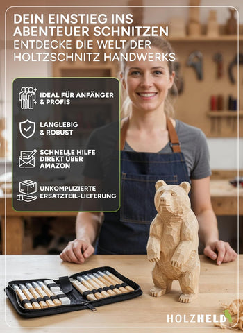 Holzheld® Schnitzwerkzeugset (16-teilig) - mit praktischer Aufbewahrungstasche und umfassender Schnitzanleitung
