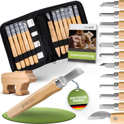 Holzheld® Schnitzset mit Bären-Rohling (17-teilig) - Komplettset: 12 ultra-scharfe Schnitzmesser aus Premium-Stahl, gefräster Lindenholz-Rohling &amp; bebilderte Schritt-für-Schritt-Anleitung.