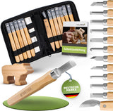 Holzheld® Schnitzwerkzeugset (17-teilig)  - mit praktischer Aufbewahrungstasche, vorgefrästem Lindenholzrohling und umfassender Schnitzanleitung