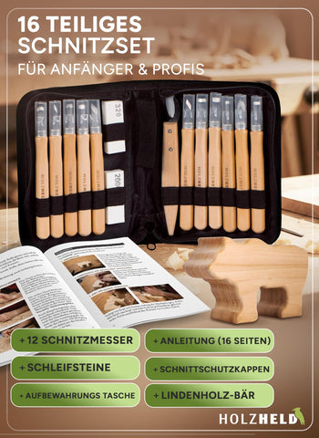 Holzheld® Schnitzwerkzeugset (17-teilig)  - mit praktischer Aufbewahrungstasche, vorgefrästem Lindenholzrohling und umfassender Schnitzanleitung