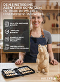 Holzheld® Schnitzwerkzeugset (17-teilig)  - mit praktischer Aufbewahrungstasche, vorgefrästem Lindenholzrohling und umfassender Schnitzanleitung