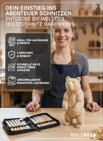 Holzheld® Schnitzwerkzeugset (17-teilig)  - mit praktischer Aufbewahrungstasche, vorgefrästem Lindenholzrohling und umfassender Schnitzanleitung