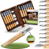 Holzheld Premium Schnitzwerkzeug-Set | 16-teilig mit edler Ledertasche & Bären-Schnitzanleitung