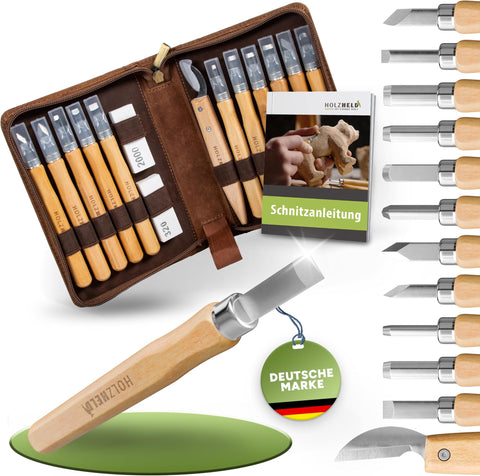 Holzheld Premium Schnitzwerkzeug-Set | 16-teilig mit edler Ledertasche & Bären-Schnitzanleitung