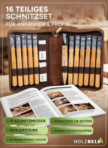 Holzheld Premium Schnitzwerkzeug-Set | 16-teilig mit edler Ledertasche & Bären-Schnitzanleitung
