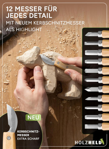 Holzheld Premium Schnitzwerkzeug-Set | 16-teilig mit edler Ledertasche & Bären-Schnitzanleitung