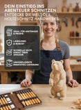 Holzheld Premium Schnitzwerkzeug-Set | 16-teilig mit edler Ledertasche & Bären-Schnitzanleitung