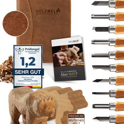 Holzheld® Premium Schnitzwerkzeugset (17-teilig) - mit edler Aufbewahrungstasche aus Leder, vorgefrästem Lindenholzrohling und umfassender Schnitzanleitung