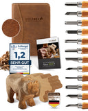 Holzheld® Premium Schnitzwerkzeugset (17-teilig) - mit edler Aufbewahrungstasche aus Leder, vorgefrästem Lindenholzrohling und umfassender Schnitzanleitung