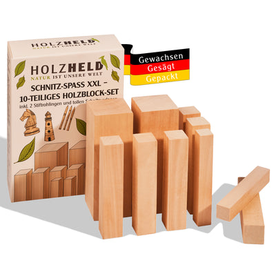 Lindenholz Schnitzset XL für Kinder & Erwachsene – 10 Holzblöcke mit Vorlagen
