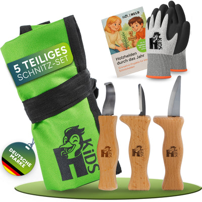 HolzheldKids®  Kinder Schnitzwerkzeugset-Set 5-teilig mit abgerundeten Klingen und Fingerschutz, sichere Schnittschutzhandschuhe und Tasche
